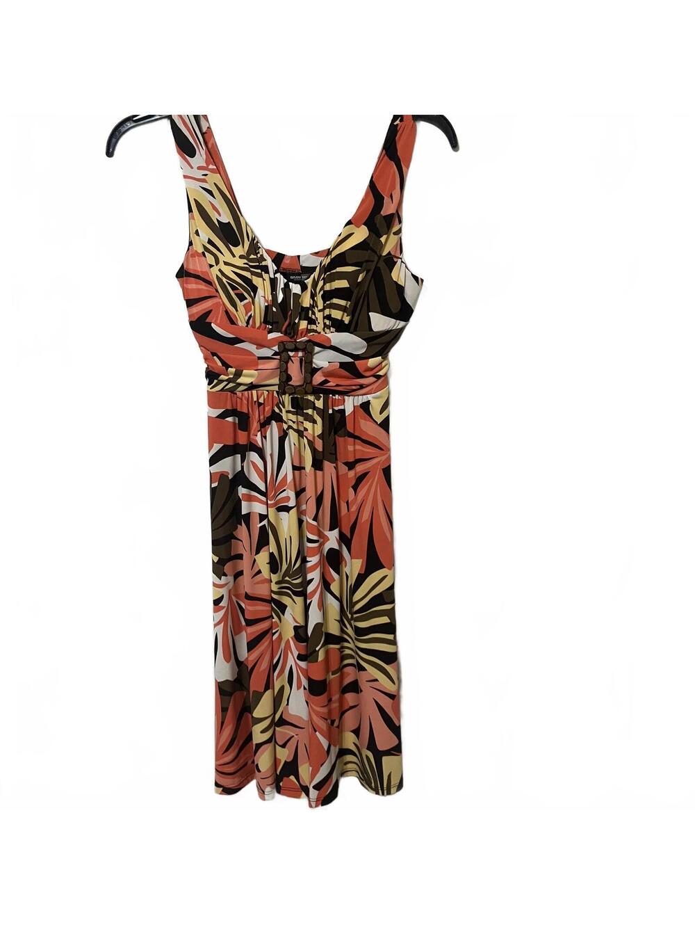 Bisou Bisou Coral Brown Boho Tropical Sleeveless Resort Wear Midi Dress Size 6